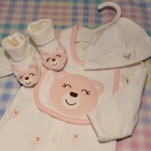 CARTER'S 🧸 Adorable 4pc Pink 'n White Teddy Bear Bodysuit Outfit NB